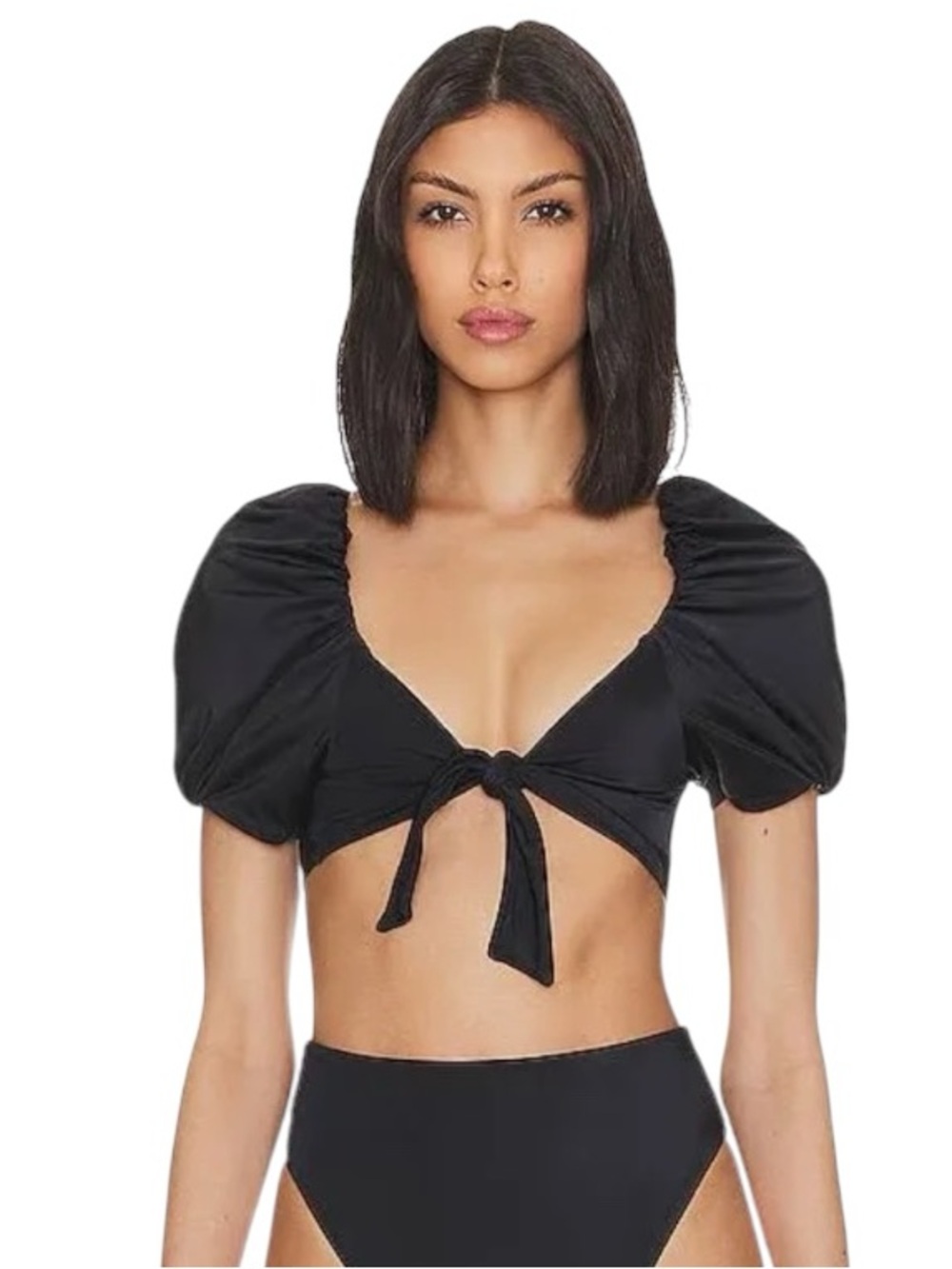 Cleobella Maude Bikini Top XL Black Puff Sleeve Tie Front NWT Swim Retail $138